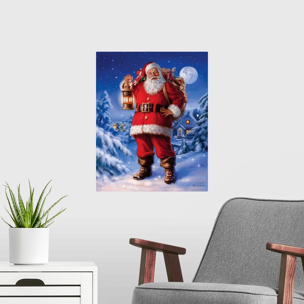 A modern room featuring Contemporary painting of Santa Claus in a snowy Winter scene.