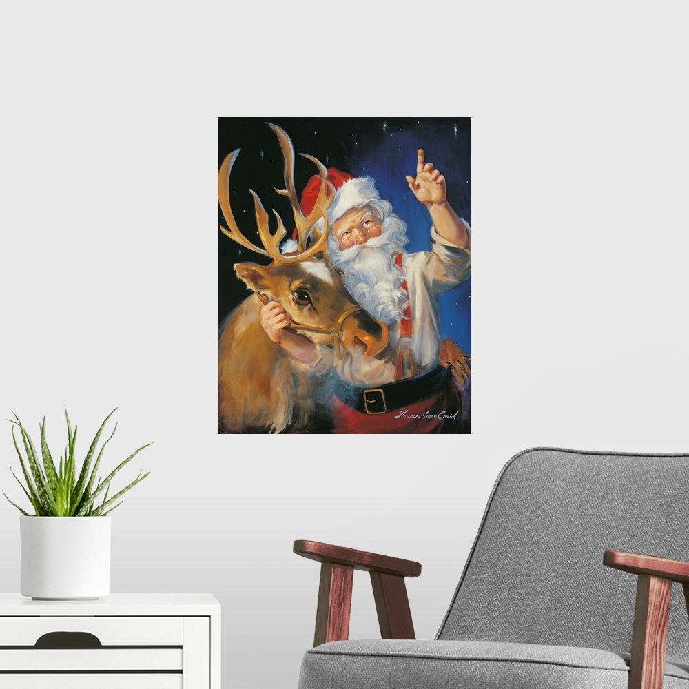 A modern room featuring Portrait of Santa Claus talking to a reindeer.