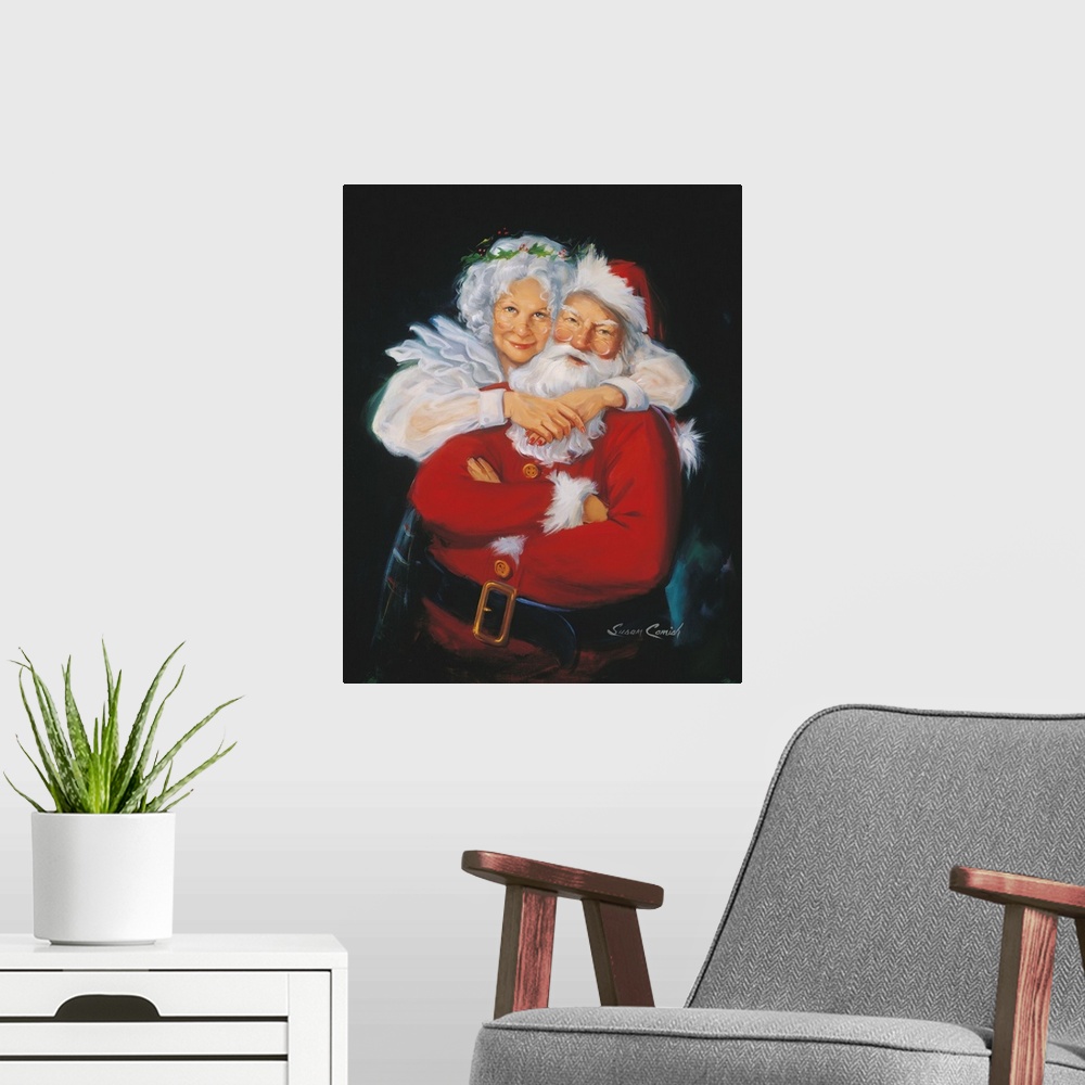 A modern room featuring Portrait of Mrs. Claus hugging Santa.