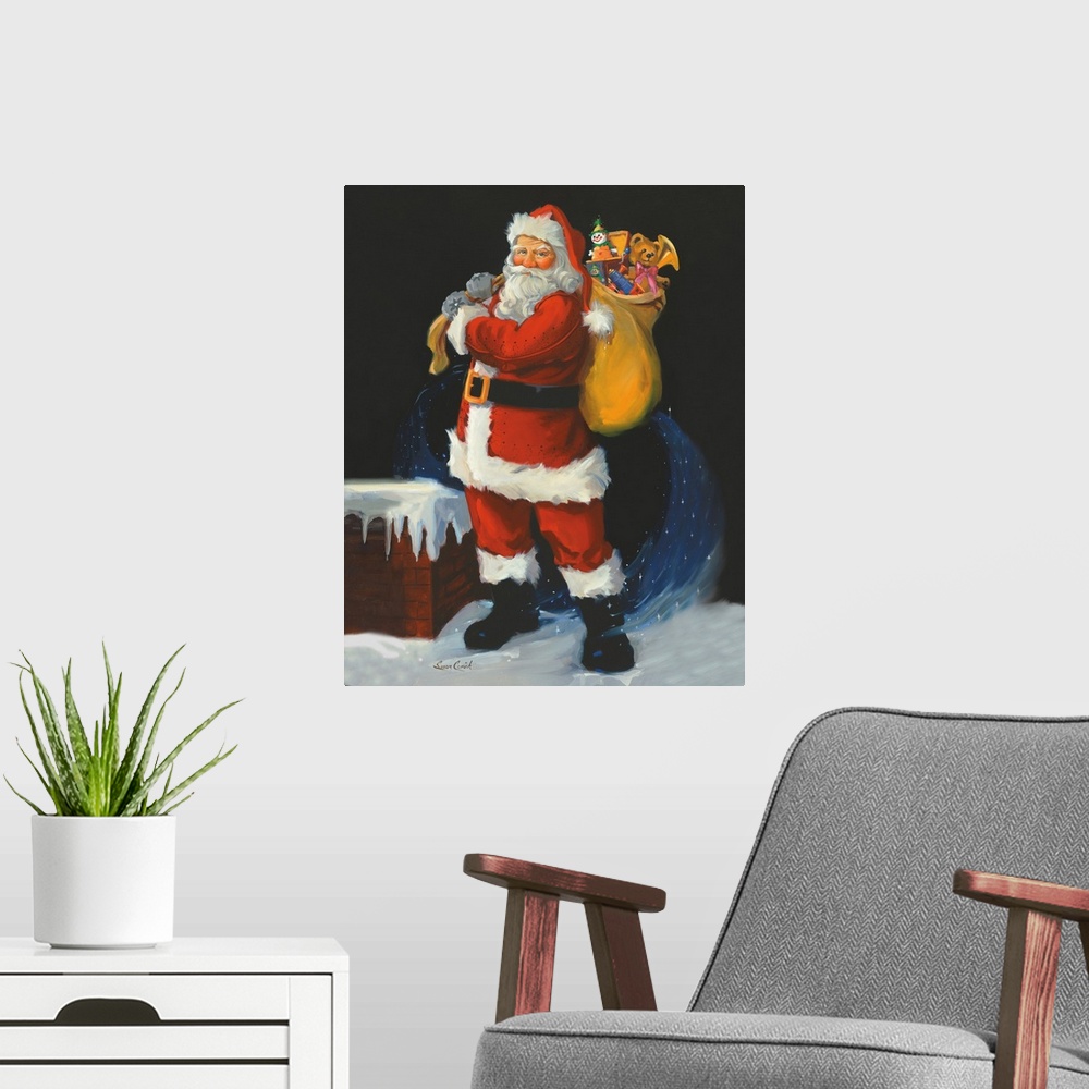 A modern room featuring Painting of Santa Claus holding a bag of toys.