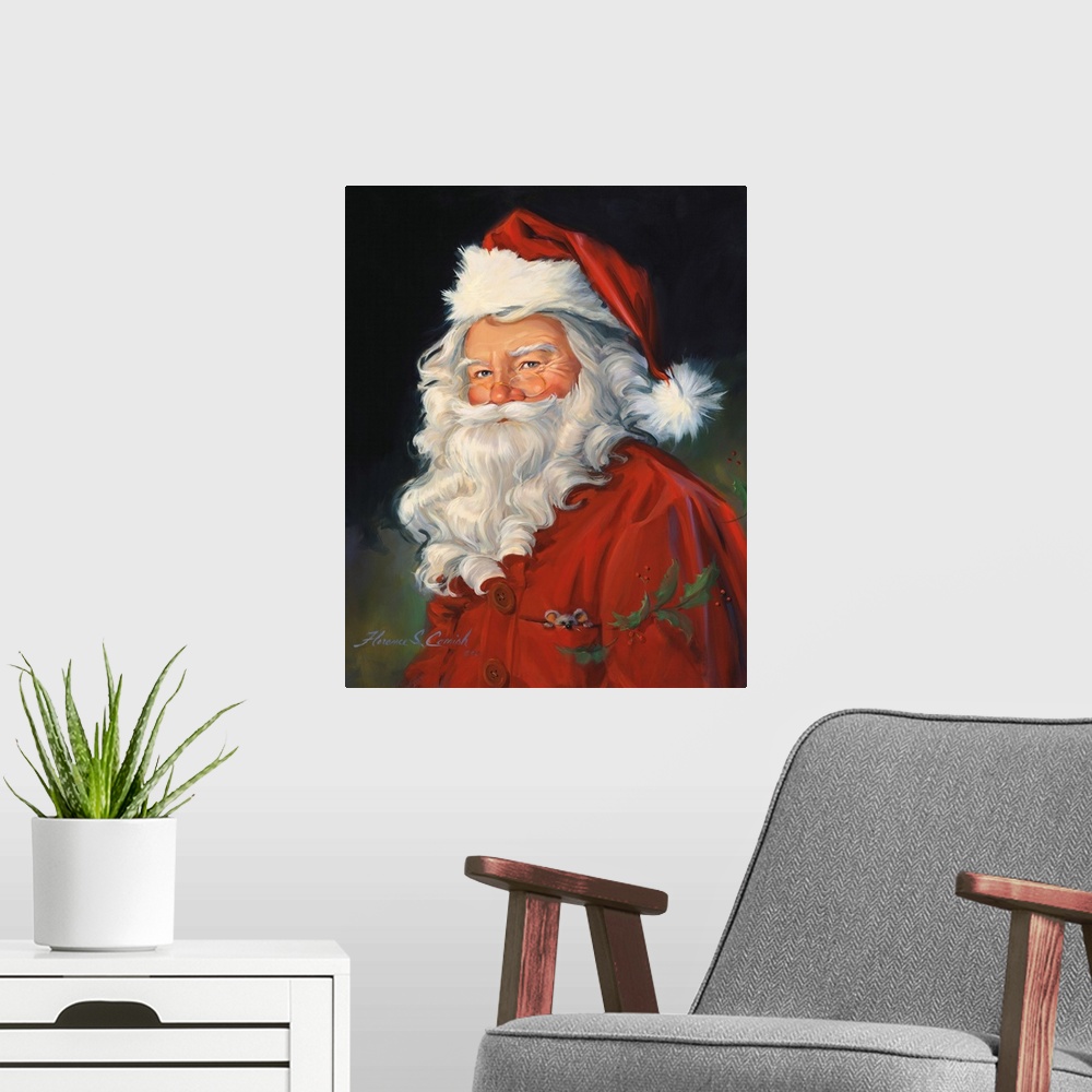 A modern room featuring Portrait of Santa Claus with a dark background.