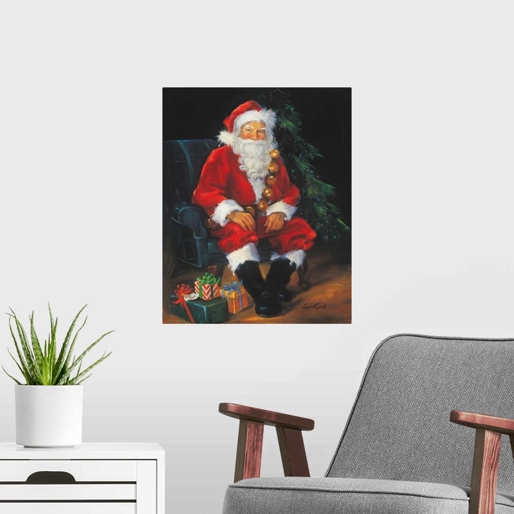 A modern room featuring Portrait of Santa Claus sitting by a tree with presents.