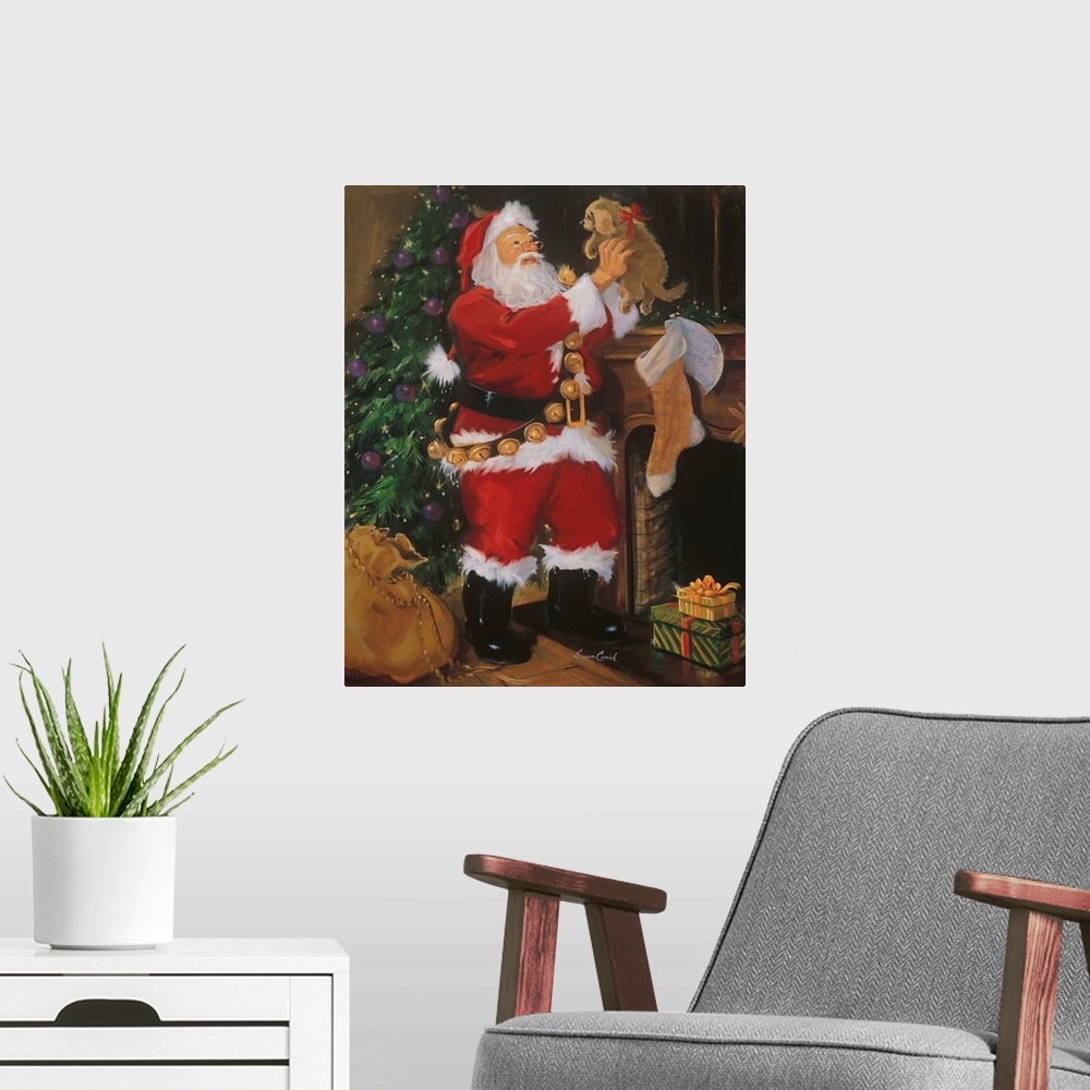 A modern room featuring Painting of Santa holding a puppy in front of  Christmas tree.
