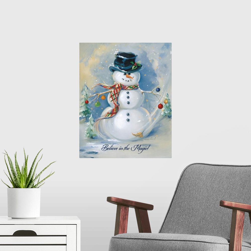 A modern room featuring Painting of a snowman with trees and a blue background.