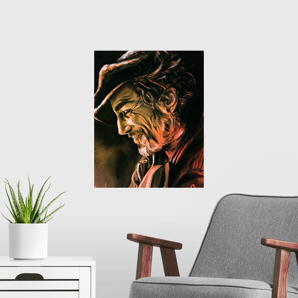 A modern room featuring Watercolor portrait of Daniel Day-Lewis.