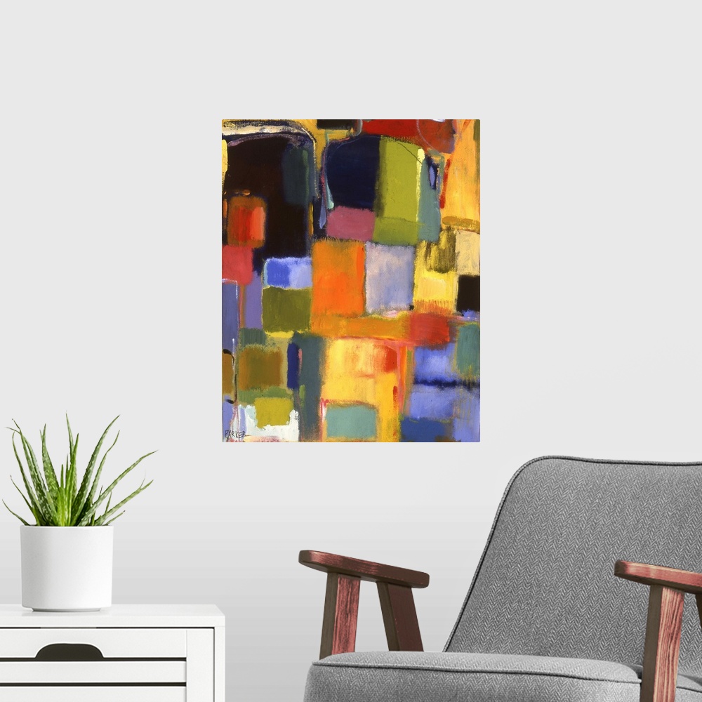 A modern room featuring Abstract painting of soft, rounded rectangular shapes in primary colors.