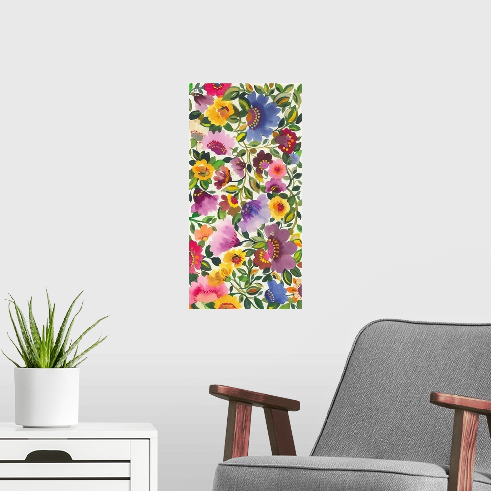 A modern room featuring A series of flowers and leaves in cool colors and a soft style against a pale background.