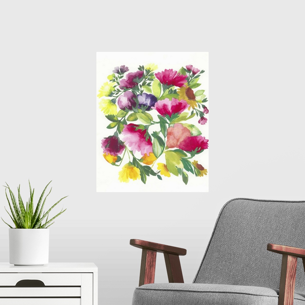 A modern room featuring A series of flowers and leaves in warm colors and a soft style against a white background.