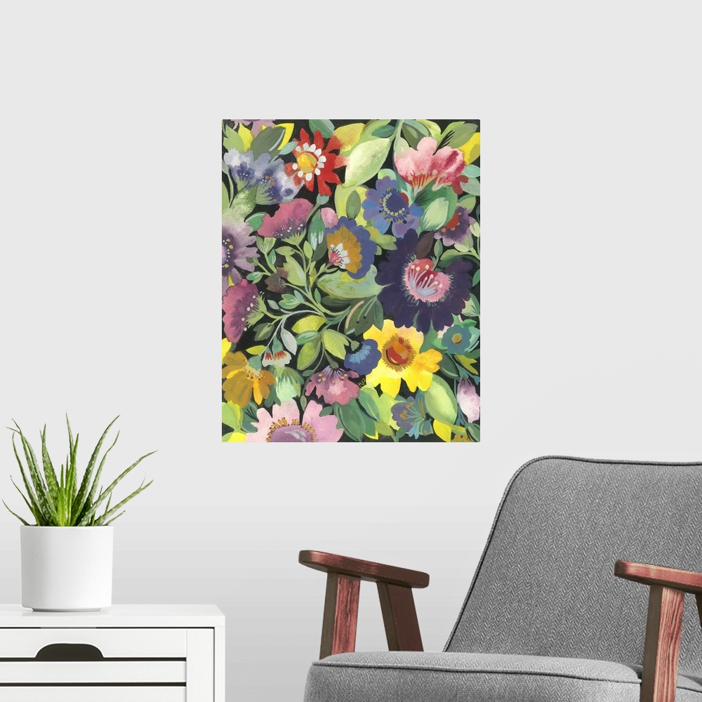 A modern room featuring Painting of color-colored flowers and green leaves against a black background.