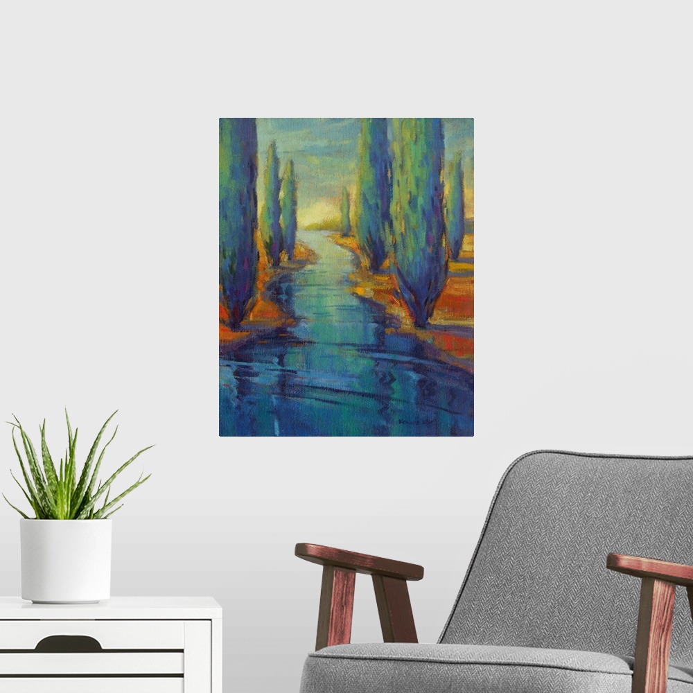 A modern room featuring A vertical contemporary painting of a river framed by cypress trees.