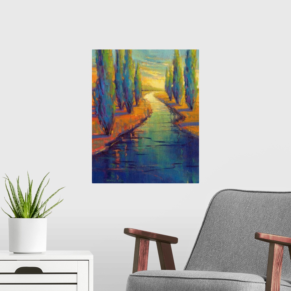 A modern room featuring A contemporary abstract painting in colorful brush strokes of a river framed by trees.