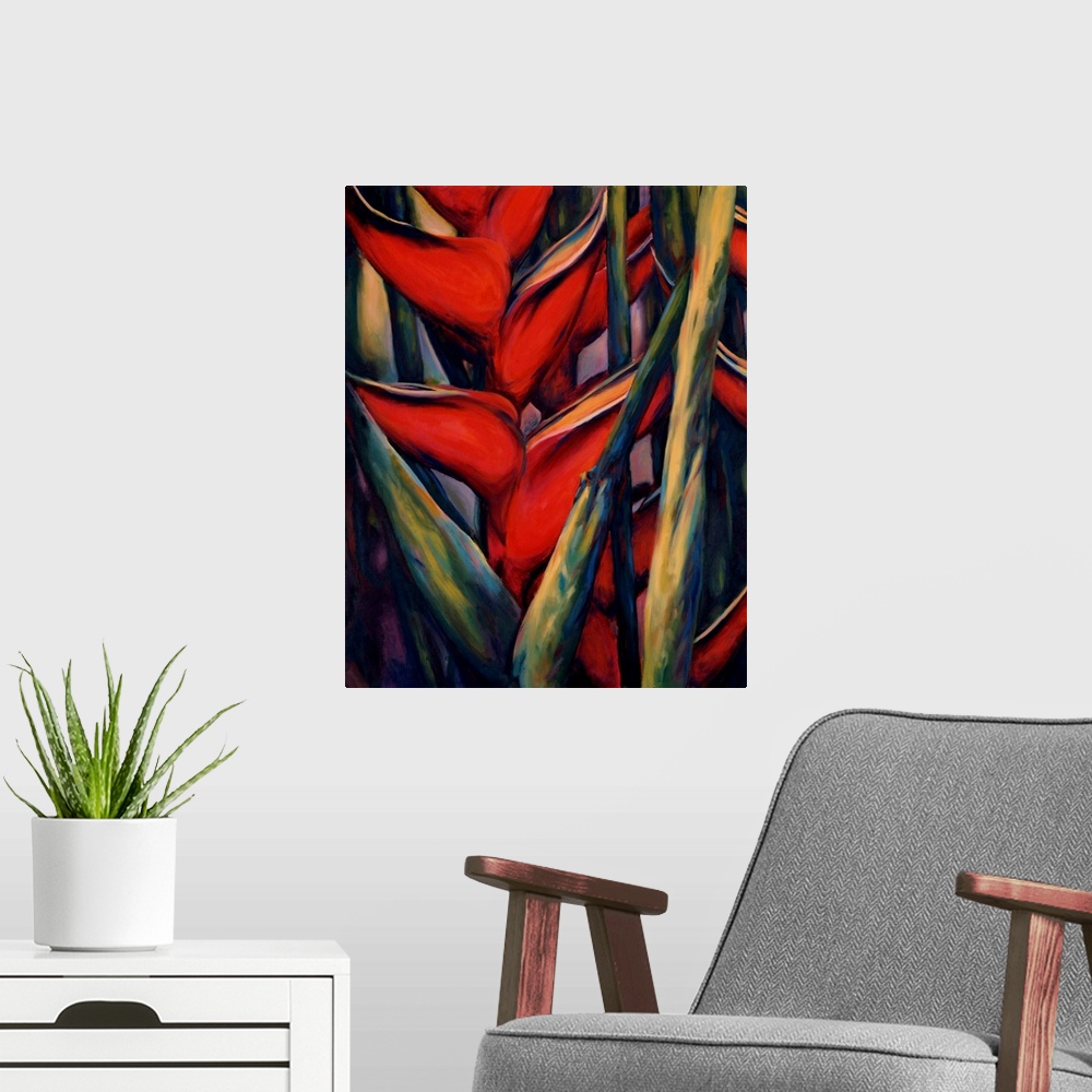 A modern room featuring A close up view of the vibrant red colors of the topical Heliconia plant.