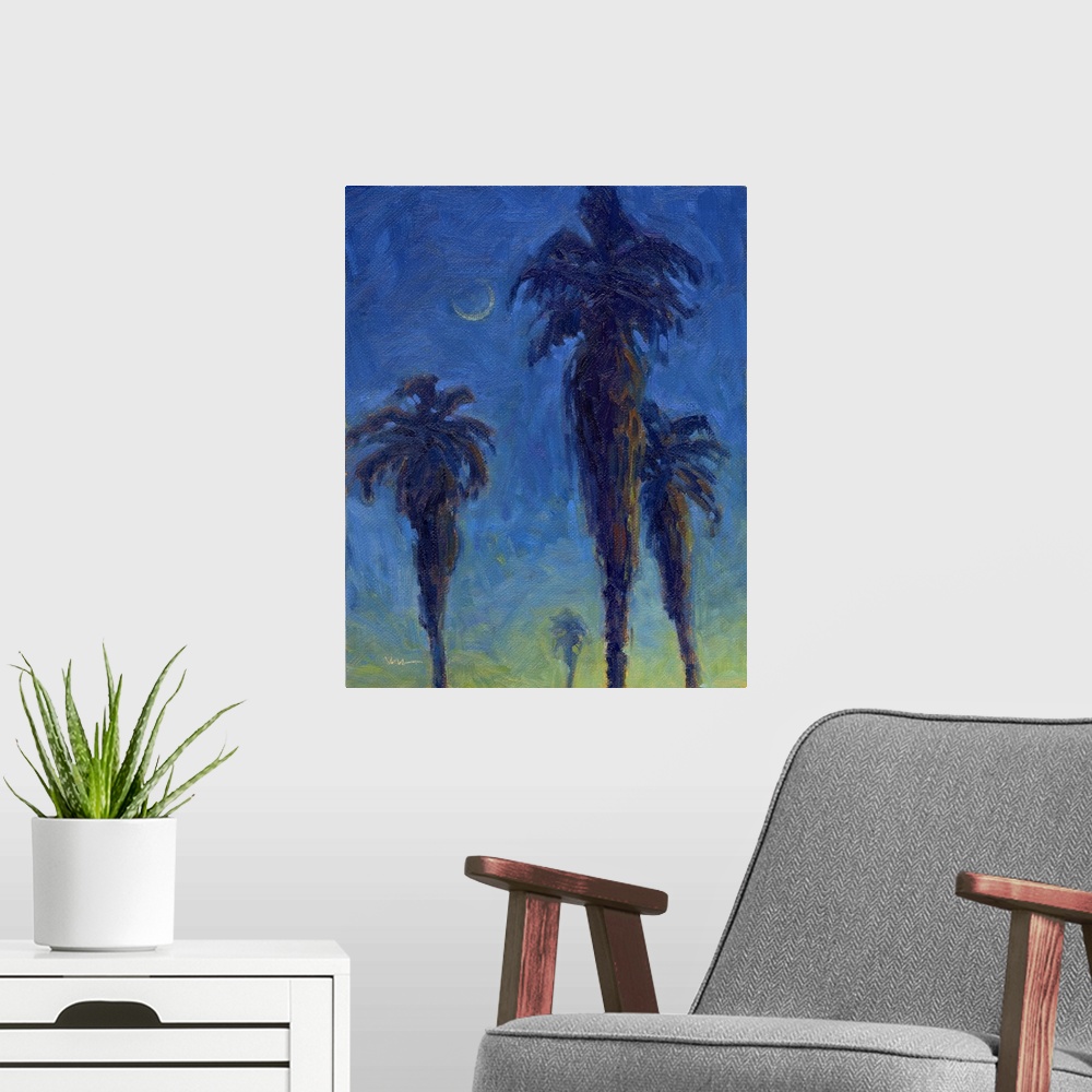 A modern room featuring A vertical painting of palm trees in the moonlight.