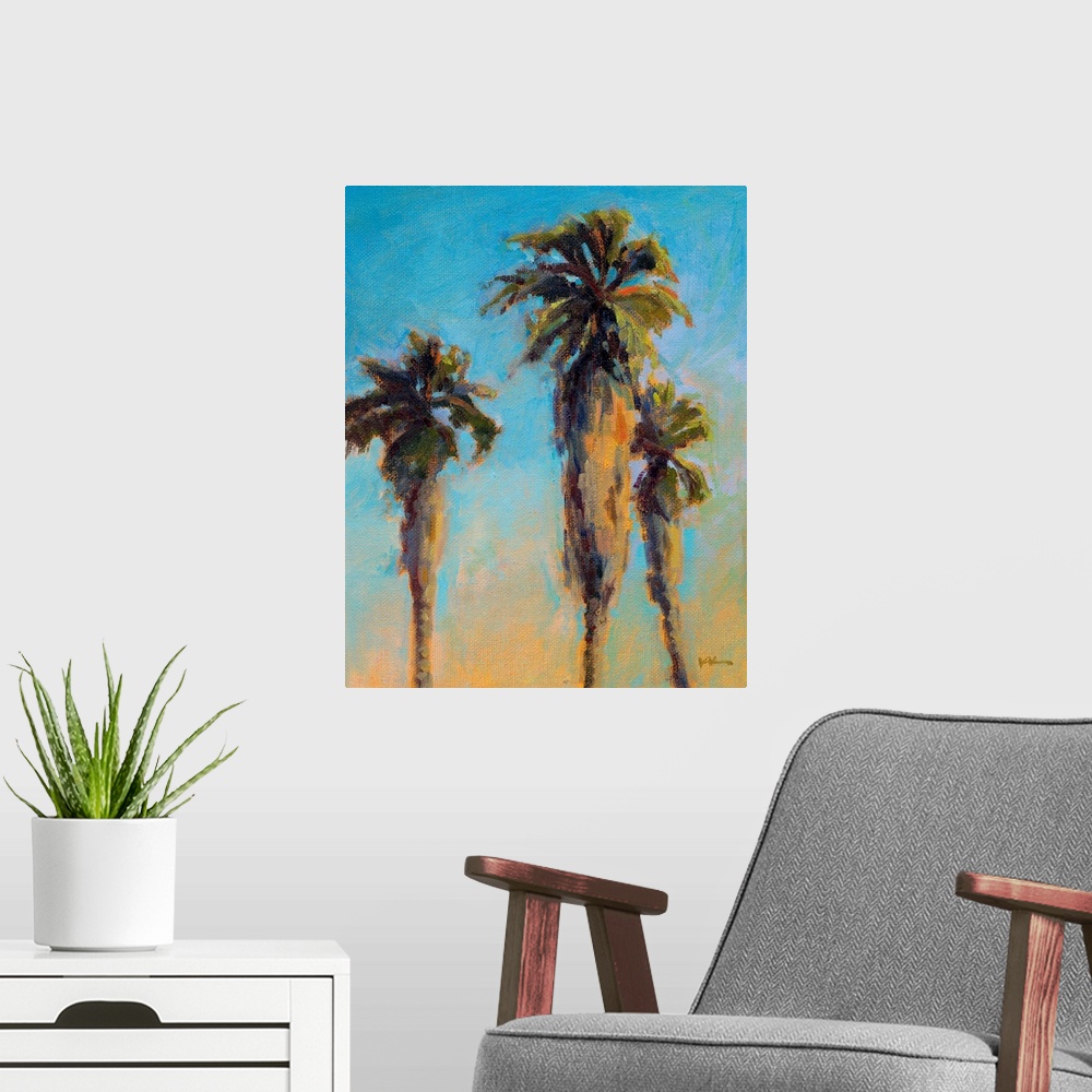 A modern room featuring A vertical painting of palm trees.