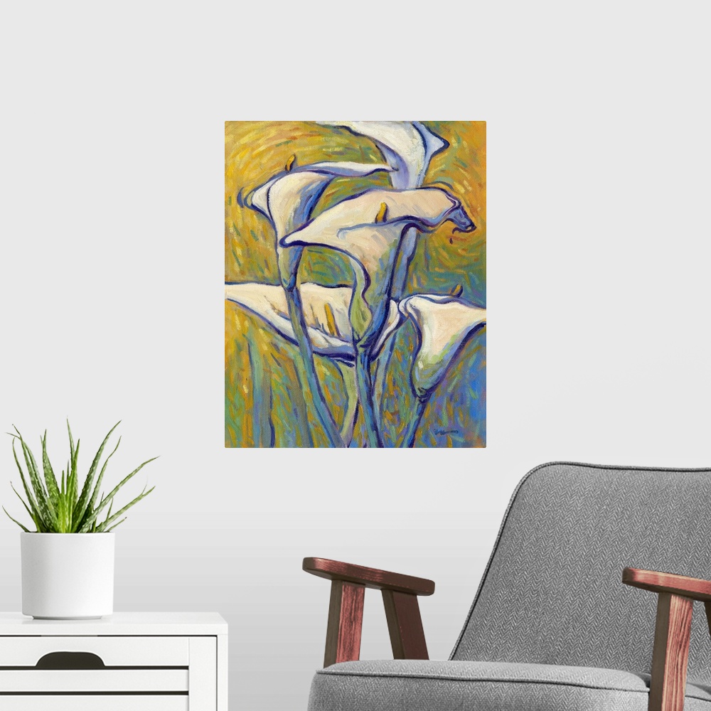 A modern room featuring A vertical contemporary painting of a bouquet of white lilies.