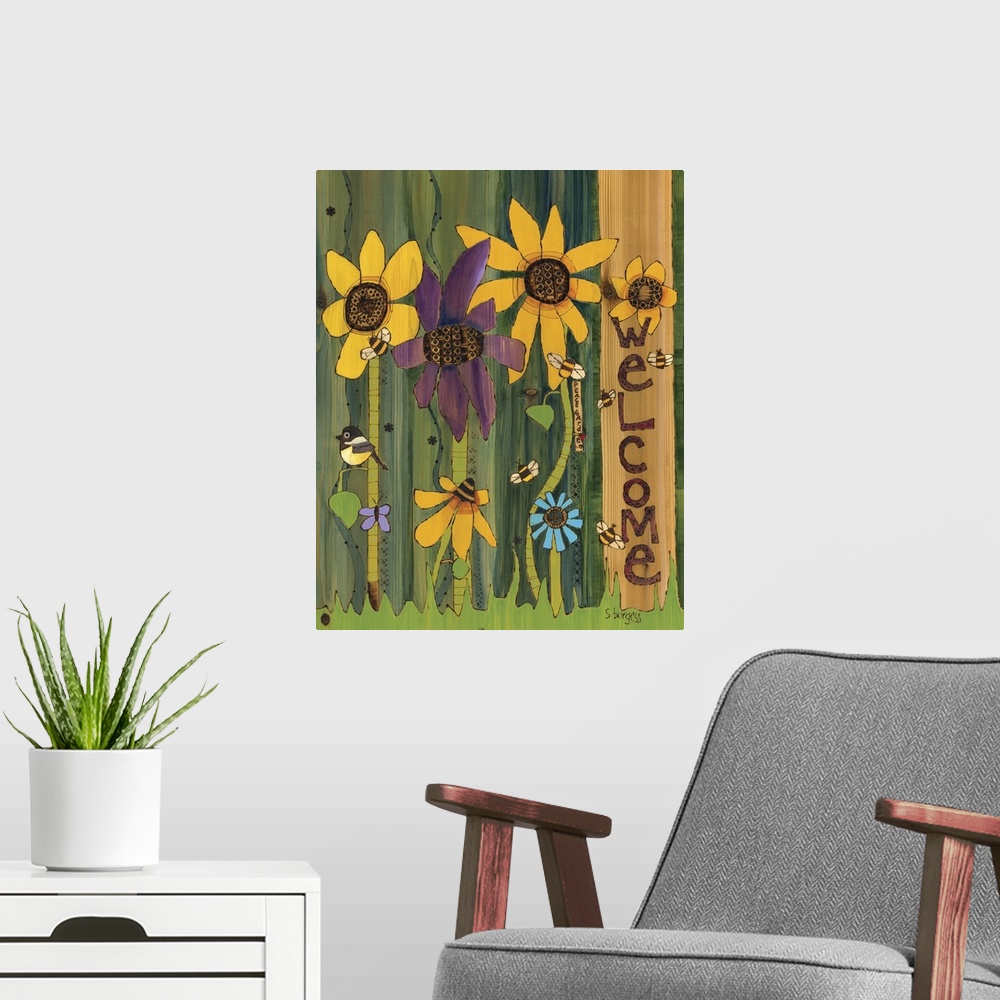 A modern room featuring Flower garden with the word welcome