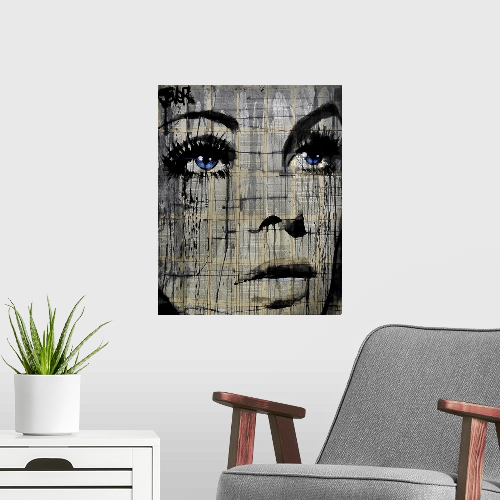 A modern room featuring Contemporary artwork of a close-up of a woman's face with deep blue eyes against a background of ...