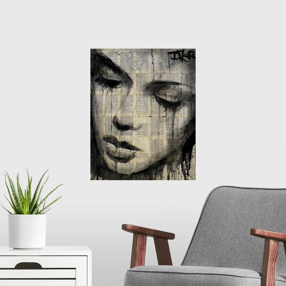 A modern room featuring Contemporary urban artwork using tiled book pages and heavy dark ink  to make a portrait of a wom...