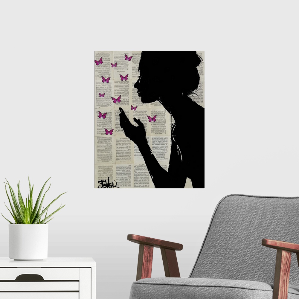 A modern room featuring Contemporary urban artwork of a silhouetted woman in profile with her hand near fluttering pink b...