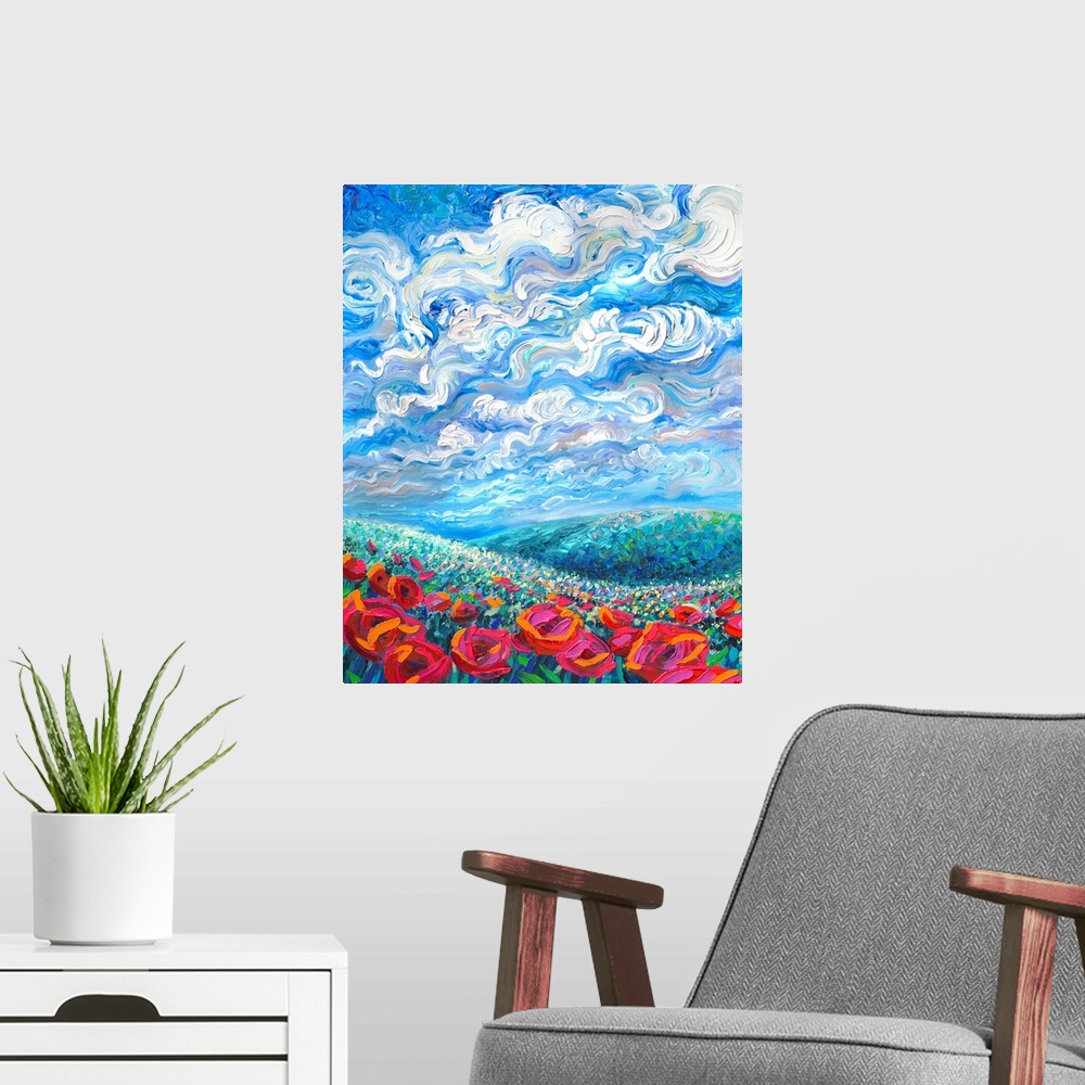 A modern room featuring Brightly colored contemporary artwork of a landscape with flowers.