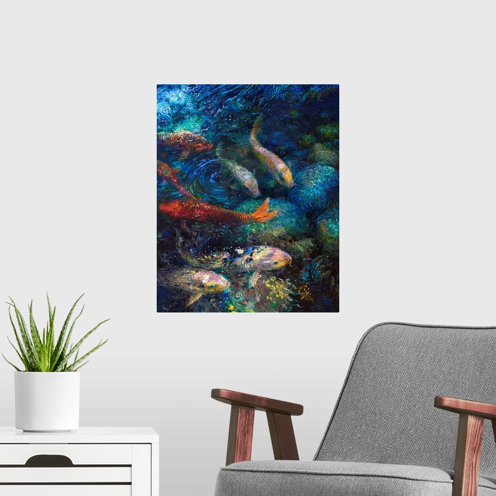 A modern room featuring Brightly colored contemporary artwork of a fish in water.