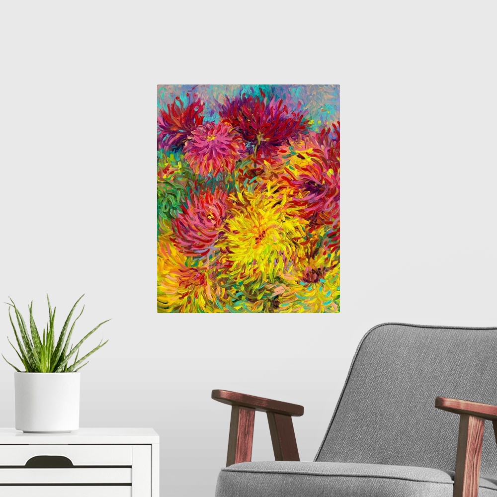 A modern room featuring Brightly colored contemporary artwork of red and yellow dahlias.