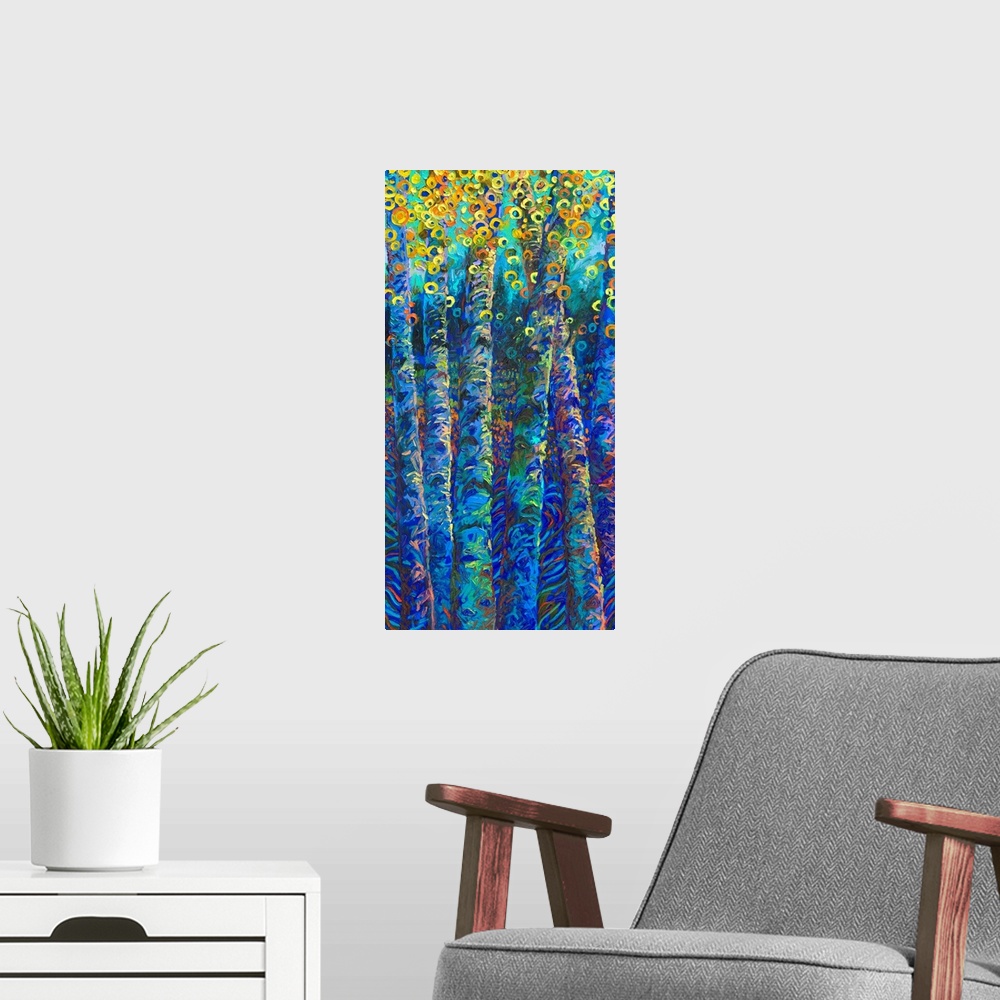 A modern room featuring Brightly colored contemporary artwork of colorful trees.