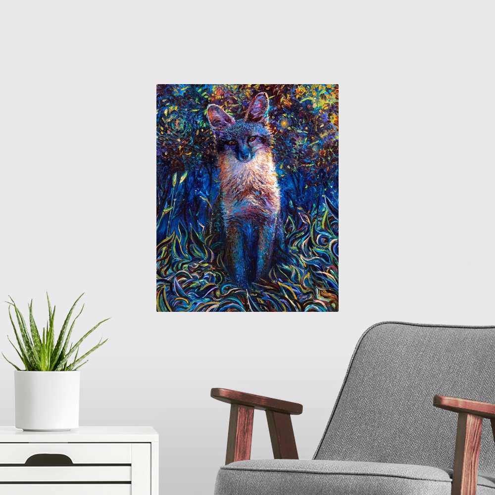 A modern room featuring Brightly colored contemporary artwork of a cool toned fox.