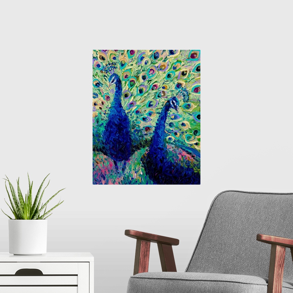 A modern room featuring Brightly colored contemporary artwork of colorful peacocks.
