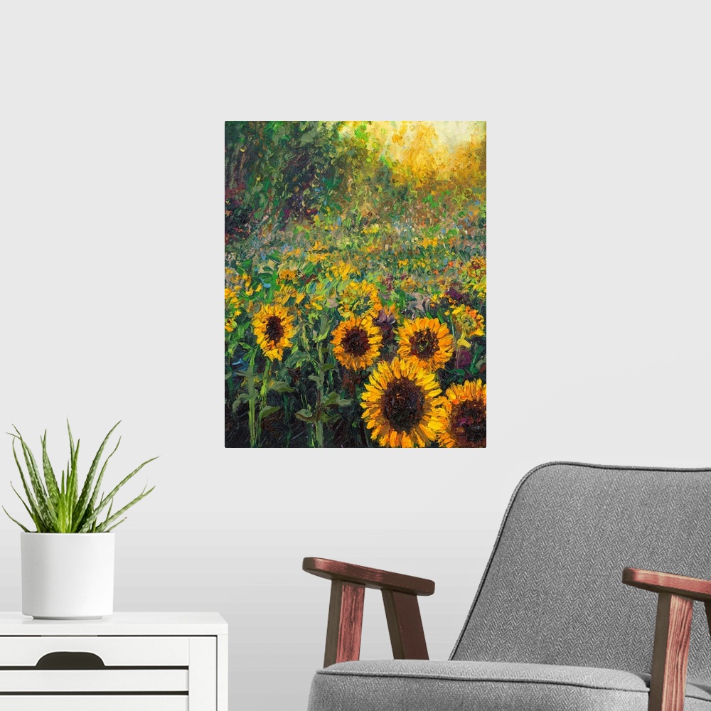 A modern room featuring Brightly colored contemporary artwork of a field of sunflowers.