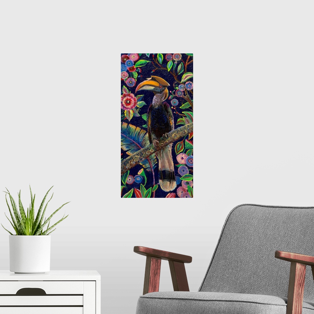 A modern room featuring Brightly colored contemporary artwork of a horned toucan in a tree.