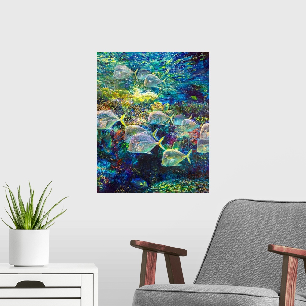 A modern room featuring Brightly colored contemporary artwork of a fish swimming around coral.