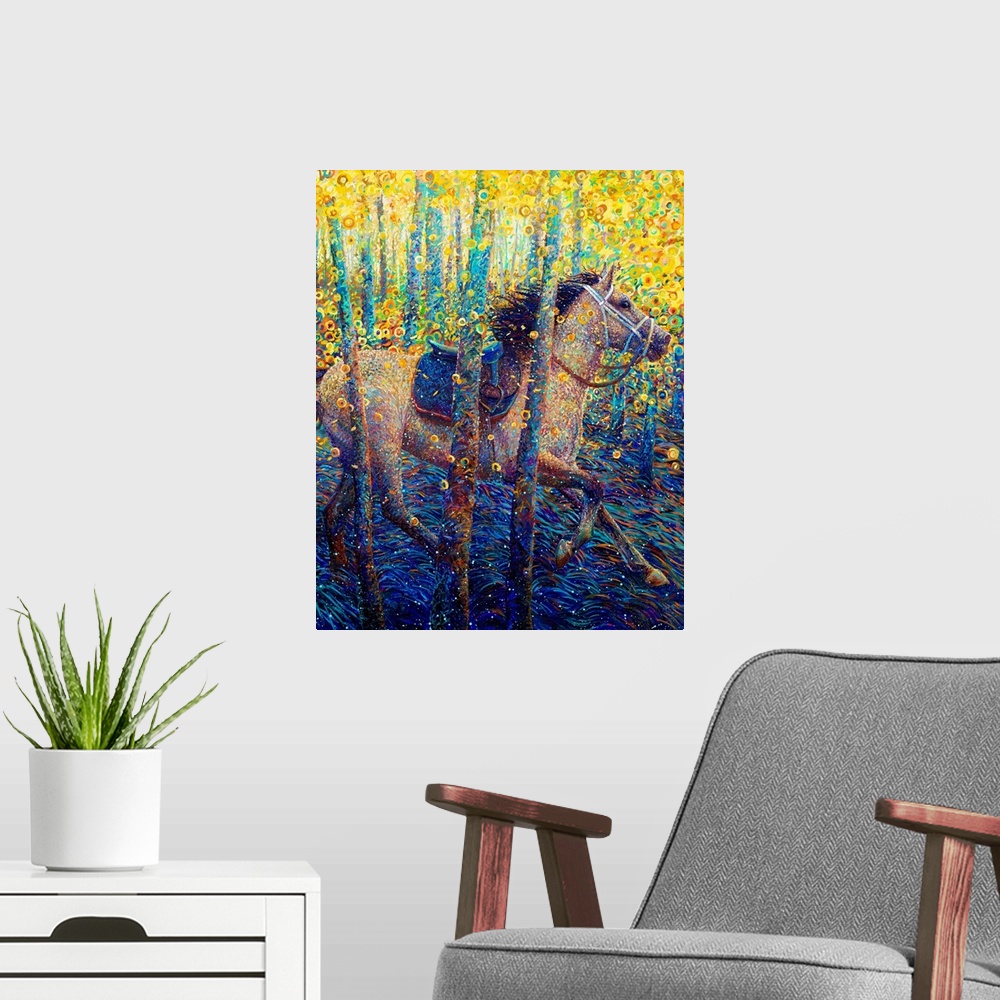 A modern room featuring Brightly colored contemporary artwork of a horse running through the woods.