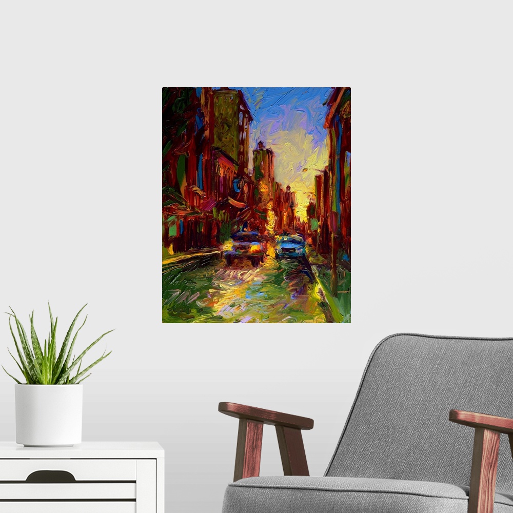 A modern room featuring Brightly colored contemporary artwork of a street view of cars passing by.