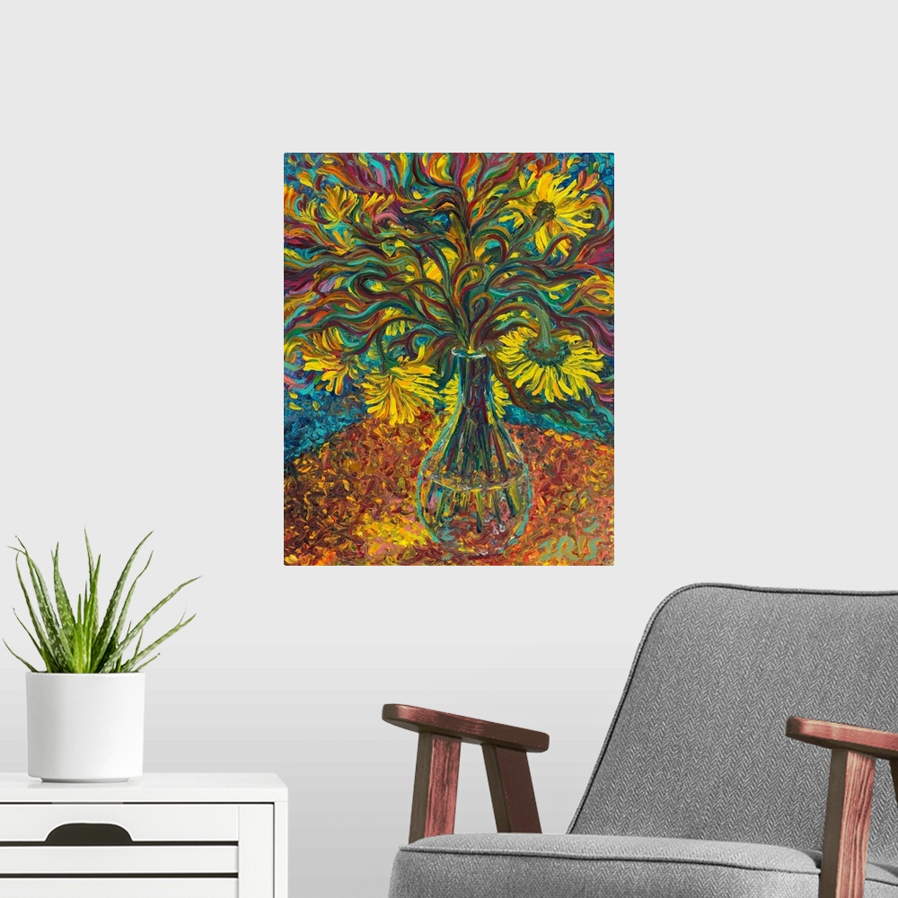 A modern room featuring Brightly colored contemporary artwork of yellow flowers in a vase.