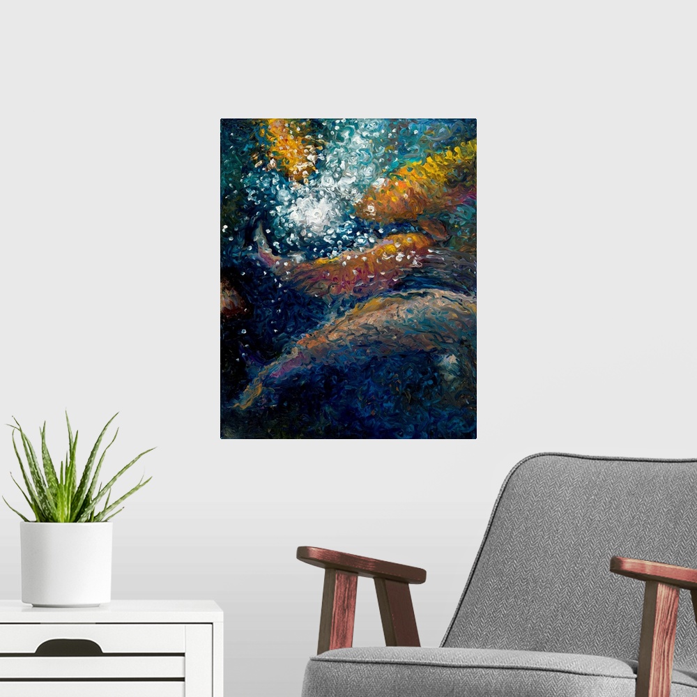 A modern room featuring Brightly colored contemporary artwork of a polyptych painting of fish in water.