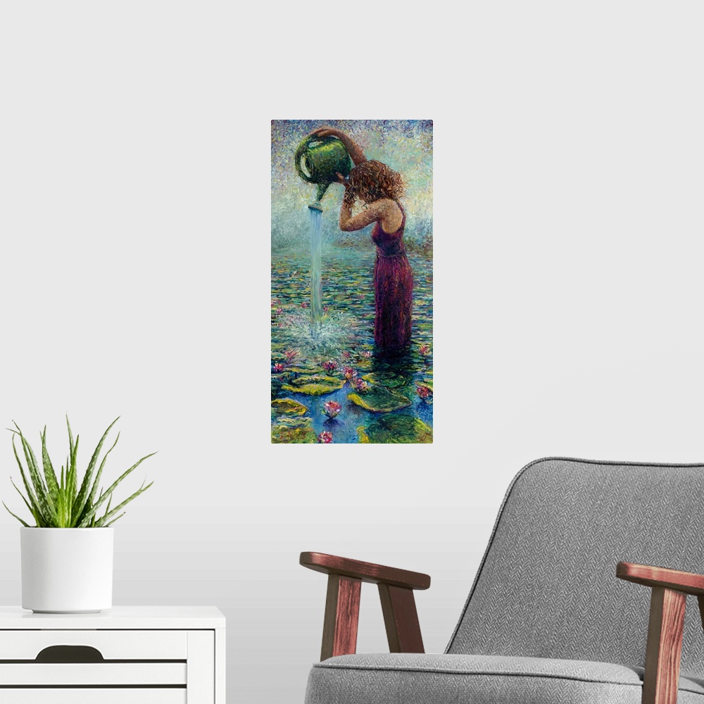 A modern room featuring Brightly colored contemporary artwork of a woman watering water lilies.