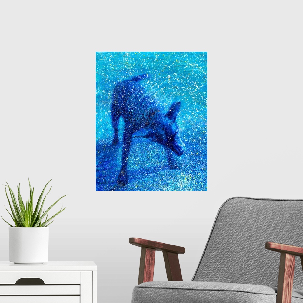 A modern room featuring Brightly colored contemporary artwork of a blue dog shaking off water.