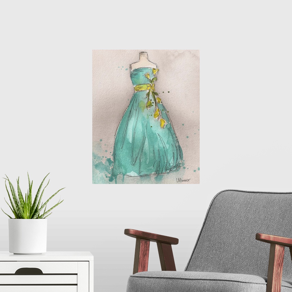 A modern room featuring Watercolor painting of a turquoise dress on a dress form.