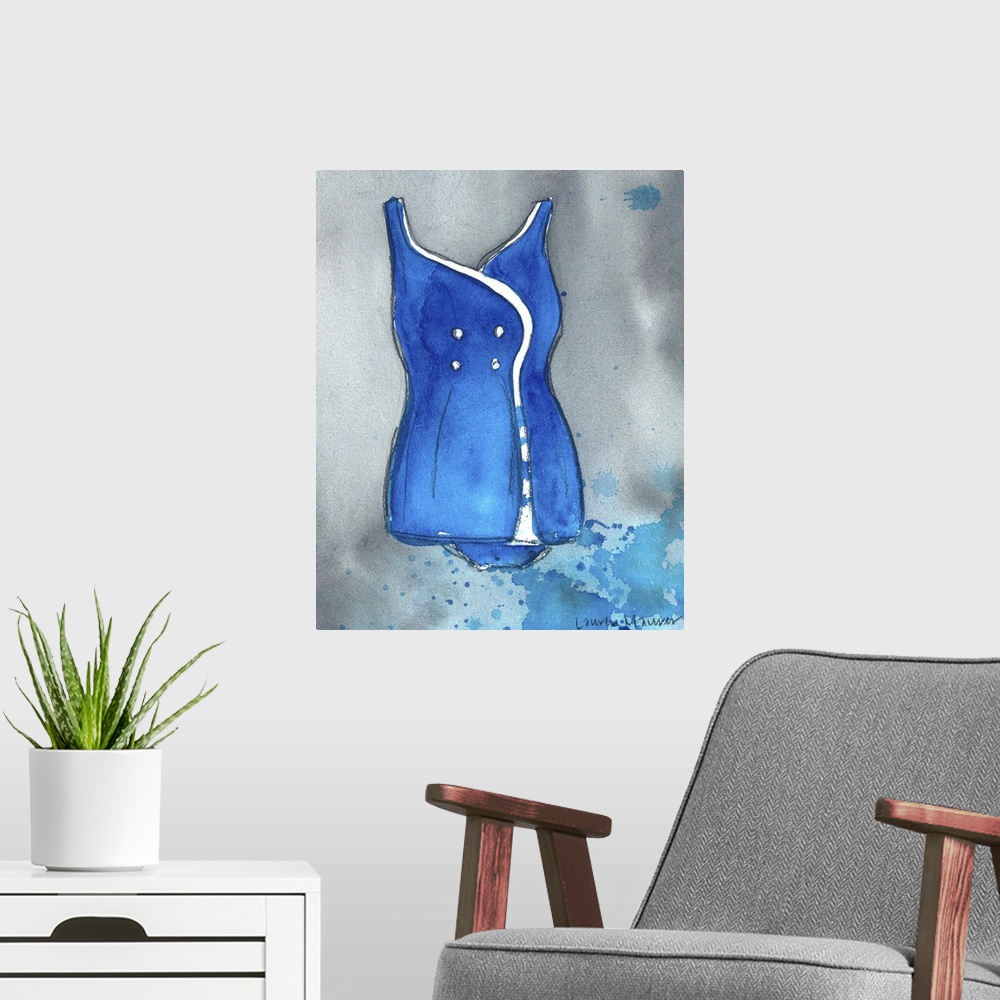 A modern room featuring Watercolor painting of a blue one piece bathing suit.