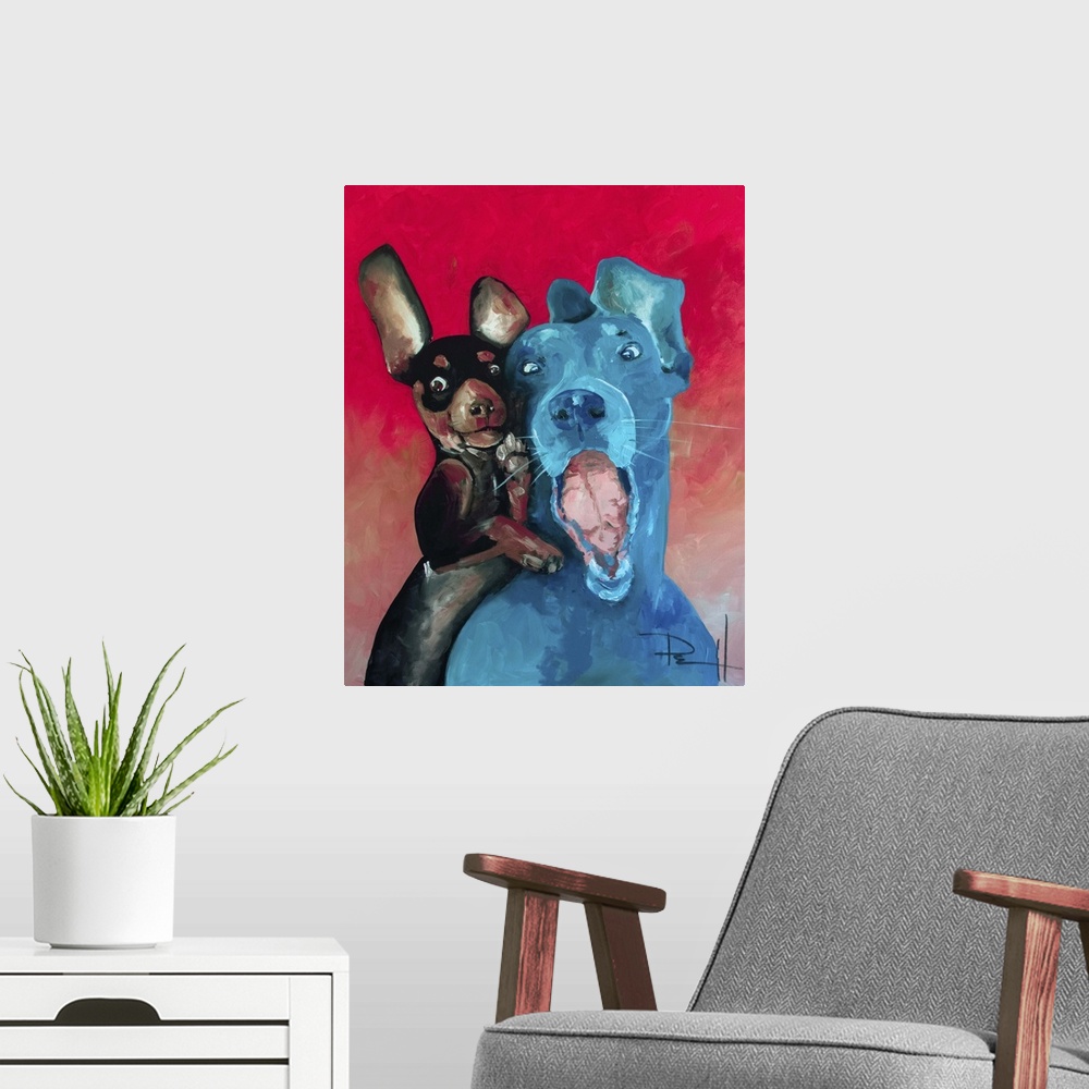 A modern room featuring Painting of two dogs with floppy ears and funny expressions.