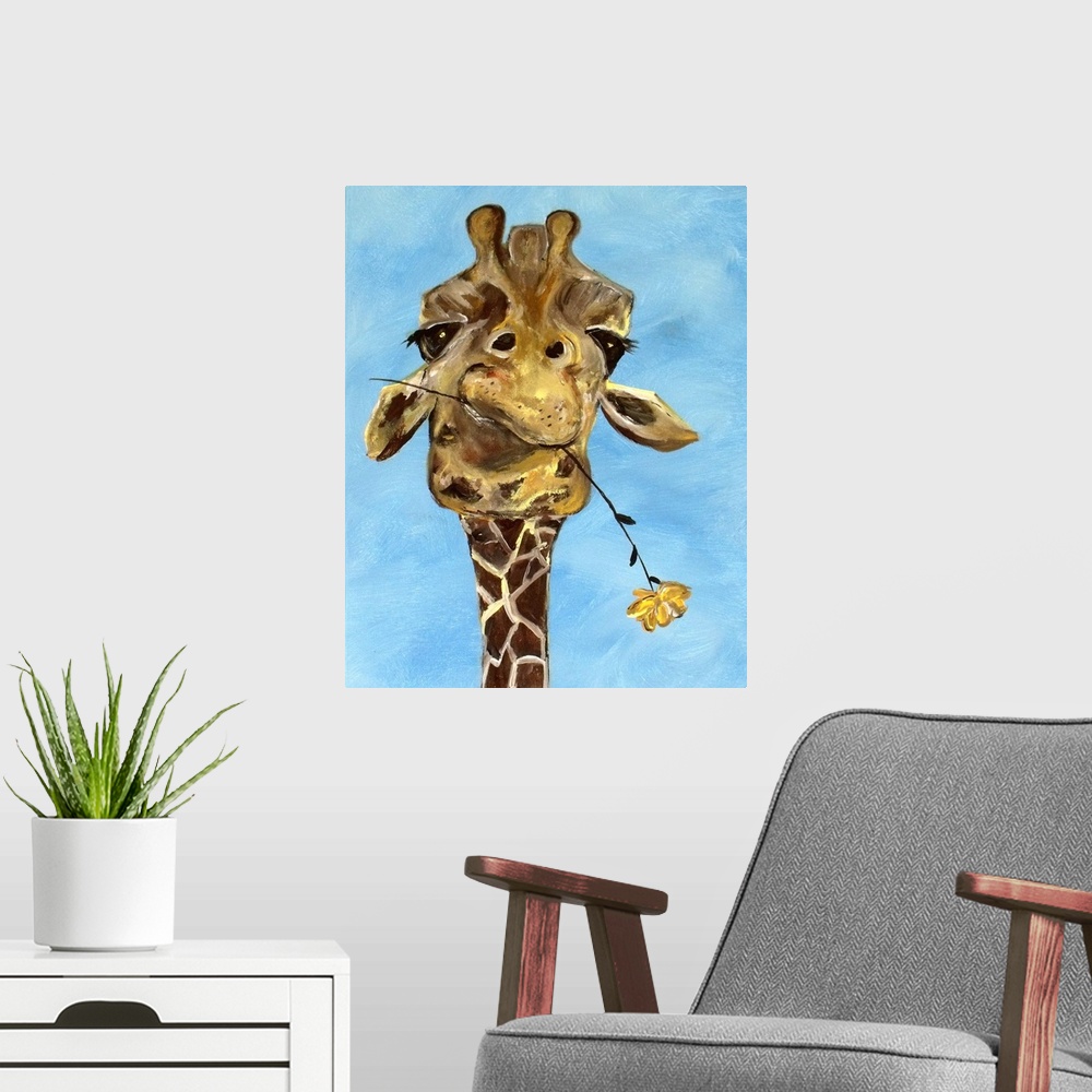 A modern room featuring Portrait of a giraffe chewing on a flower stem.