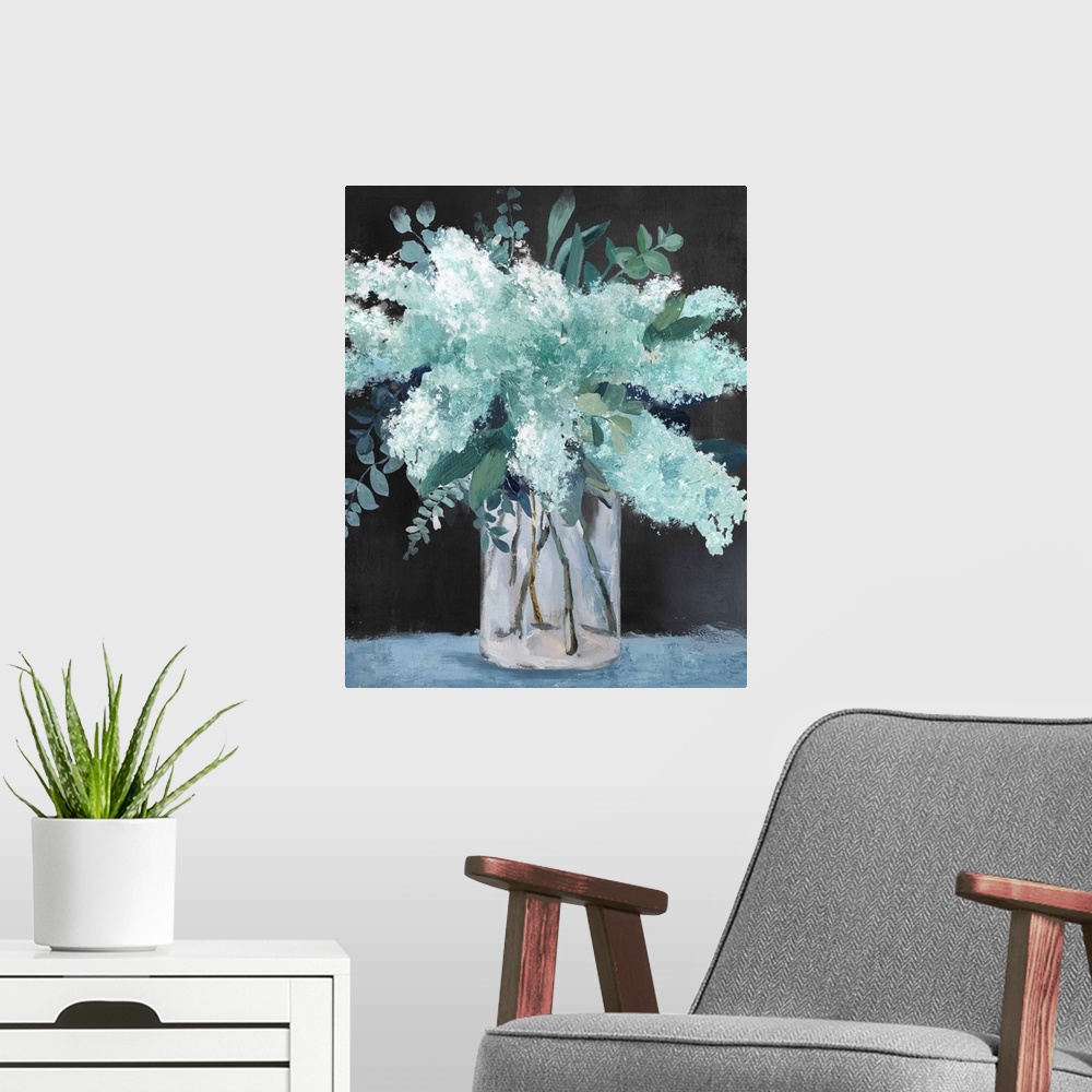 A modern room featuring Teal Flowers In Vase