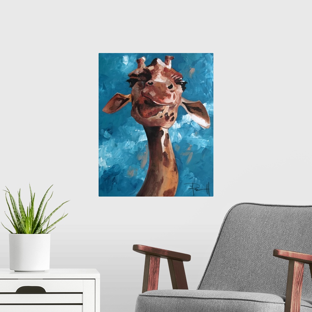 A modern room featuring Painting of a giraffe making a humorous face.