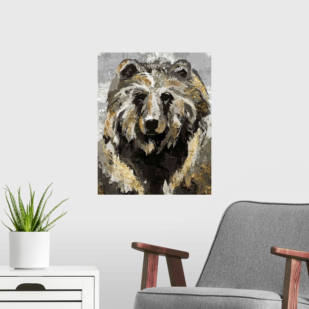 A modern room featuring A decorative image of a bear with gold accents on a gray backdrop with faded newspaper peeping th...