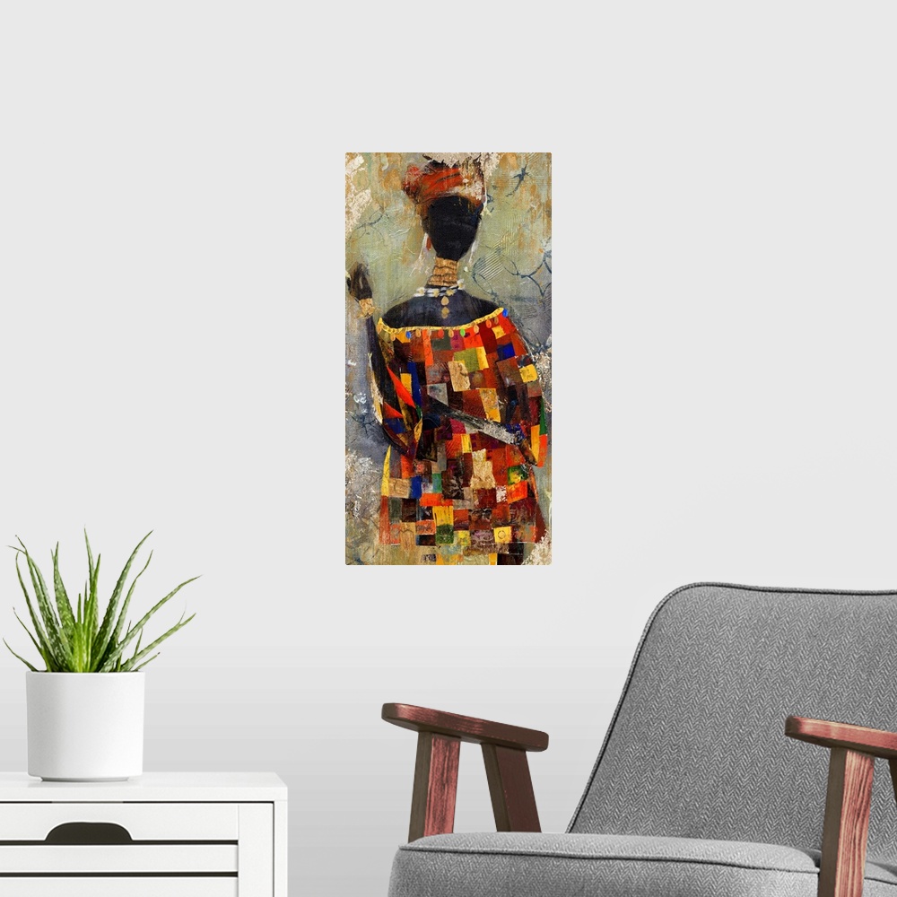 A modern room featuring A vertical contemporary painting of a a woman with a bright, colorful patched dress with a textur...