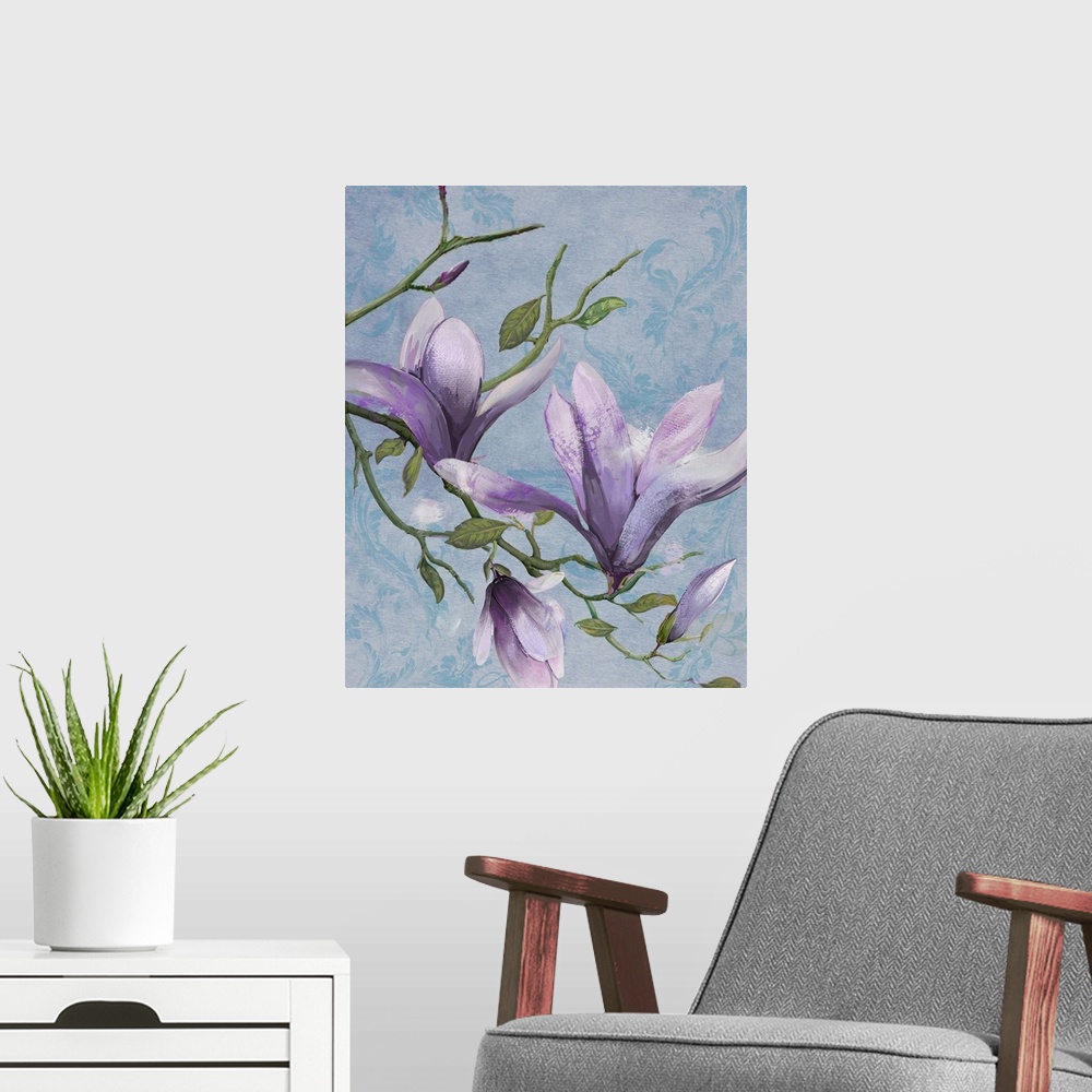 A modern room featuring Vertical painting of lavender flowers on a floral blue background with rough strokes applied to t...
