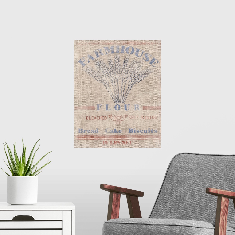 A modern room featuring Illustration of a Farmhouse Flour sack with a faded, vintage effect.
