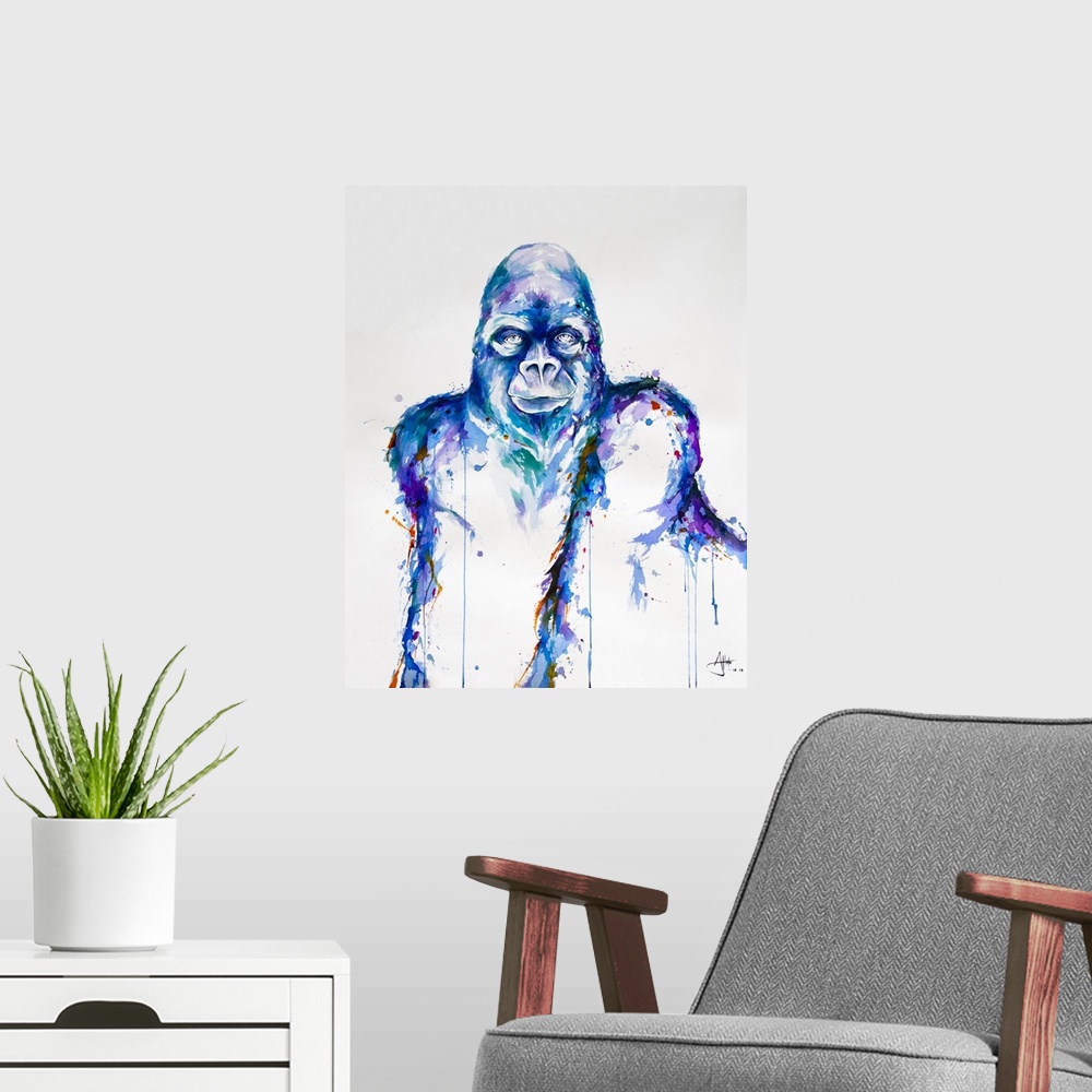 A modern room featuring Watercolor and ink painting of a gorilla made of blue paint splashes.