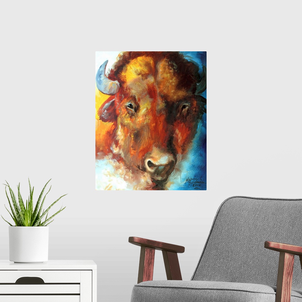 A modern room featuring Vertical painting of a buffalo's face with an abstract blue, yellow, and orange background, inspi...